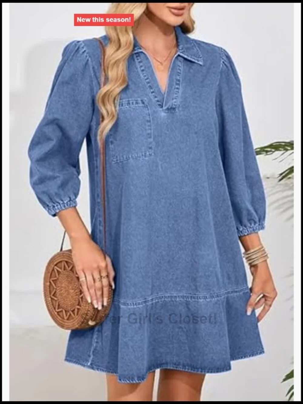Women's Casual Shift Denim Dress 3/4 Sleeve V-Neck with Pockets